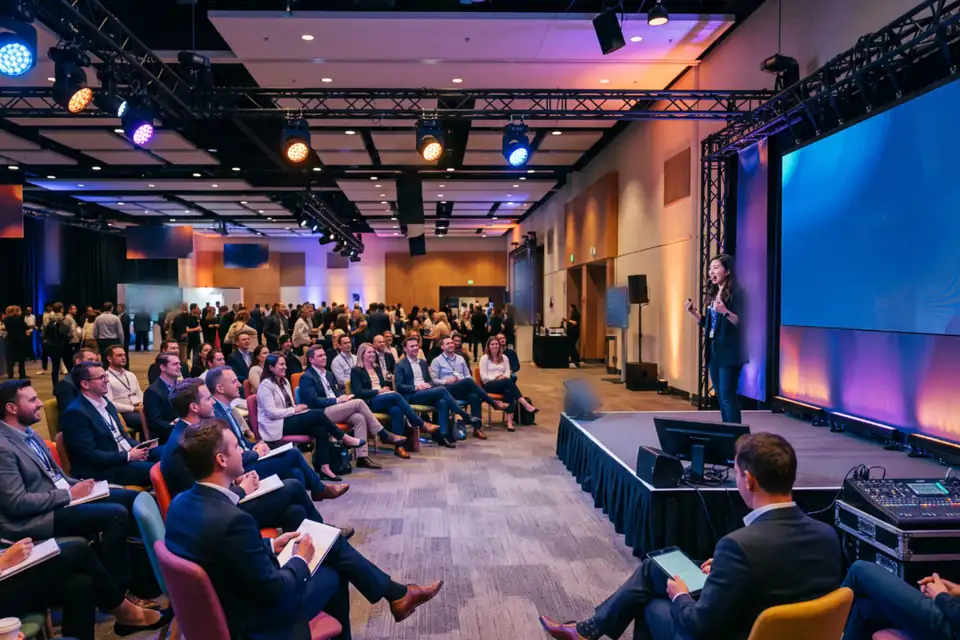 Illustration: a breakout session with a presenter beside an LED wall and moving lights overhead