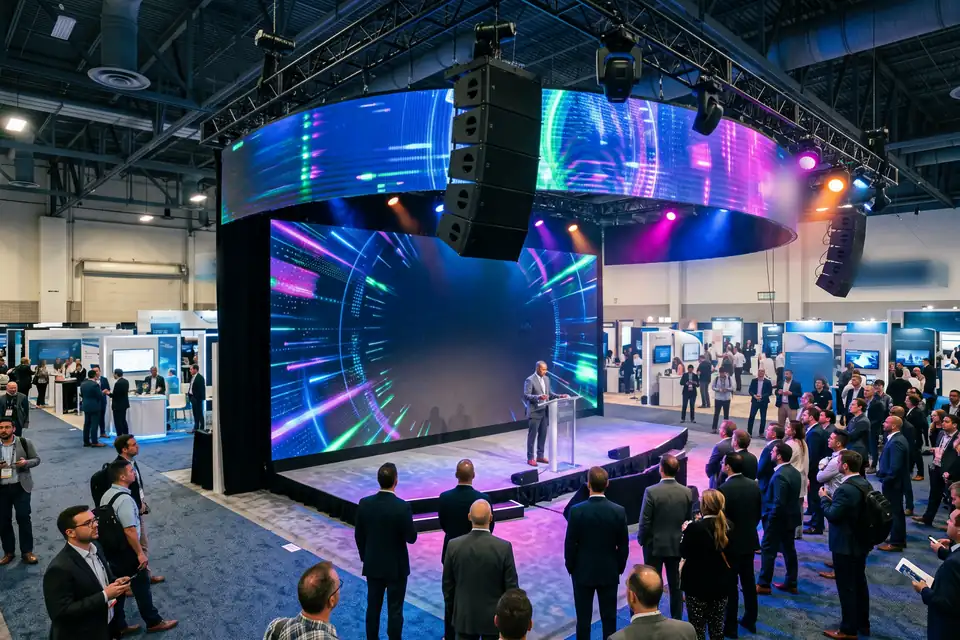 Illustration: a convention-floor stage with an LED wall, a flown speaker array and lighting truss