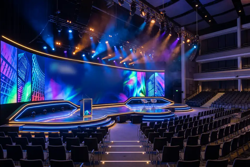 Illustration: a conference stage with curved LED walls and moving lights on overhead truss